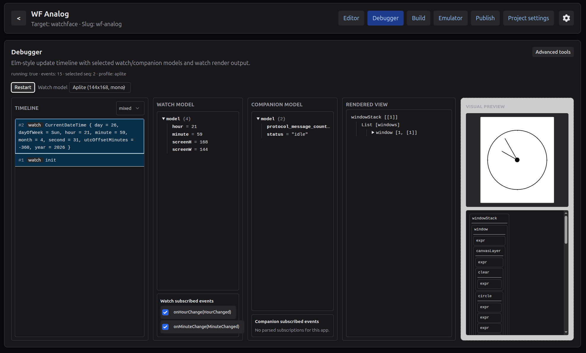 Elm Pebble IDE debugger showing timeline, model state, and watch preview