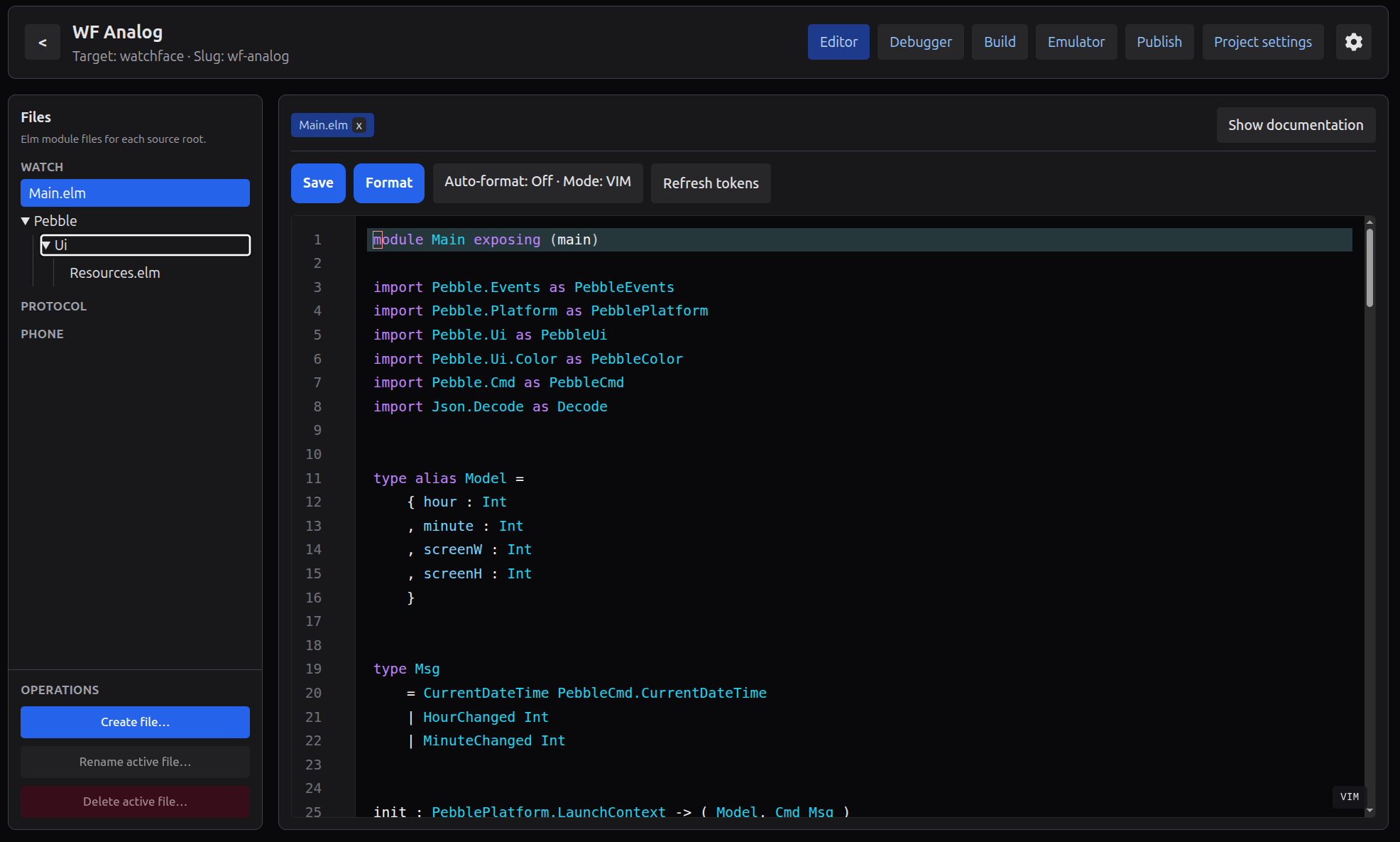 Elm Pebble IDE editor with Elm source open