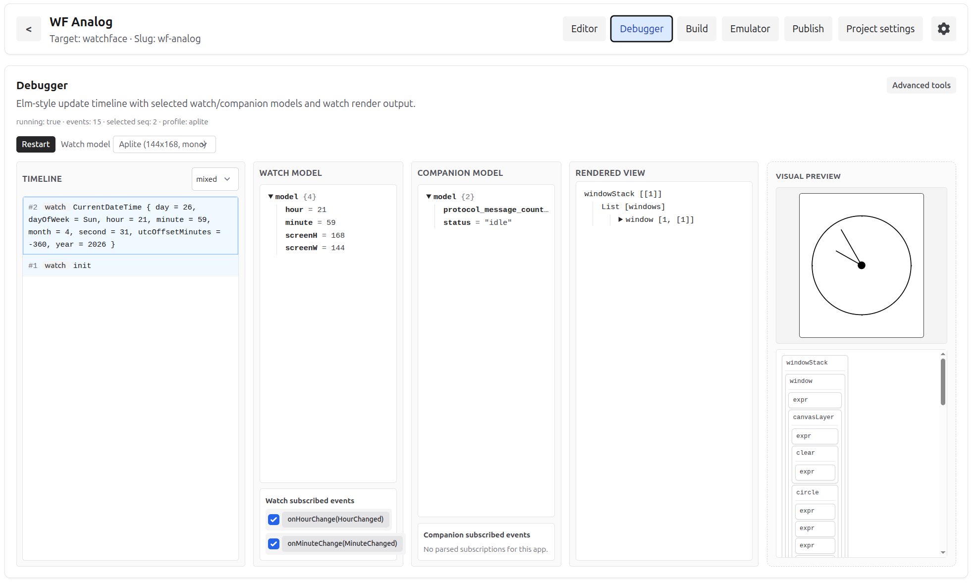 Elm Pebble IDE debugger showing timeline, model state, and watch preview