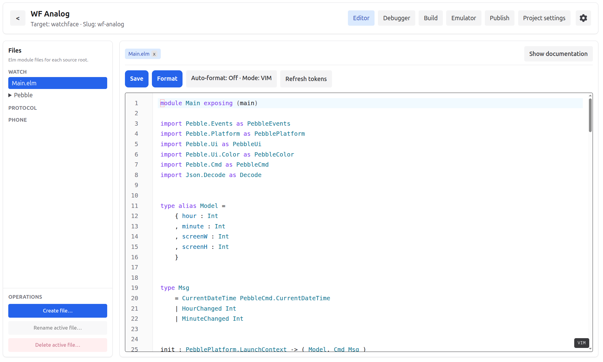 Elm Pebble IDE editor with Elm source open